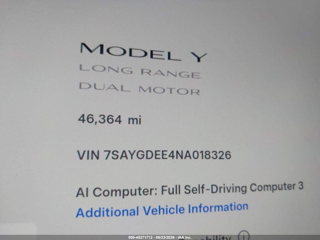 7SAYGDEE4NA018326 2022 TESLA MODEL Y photo no. 7