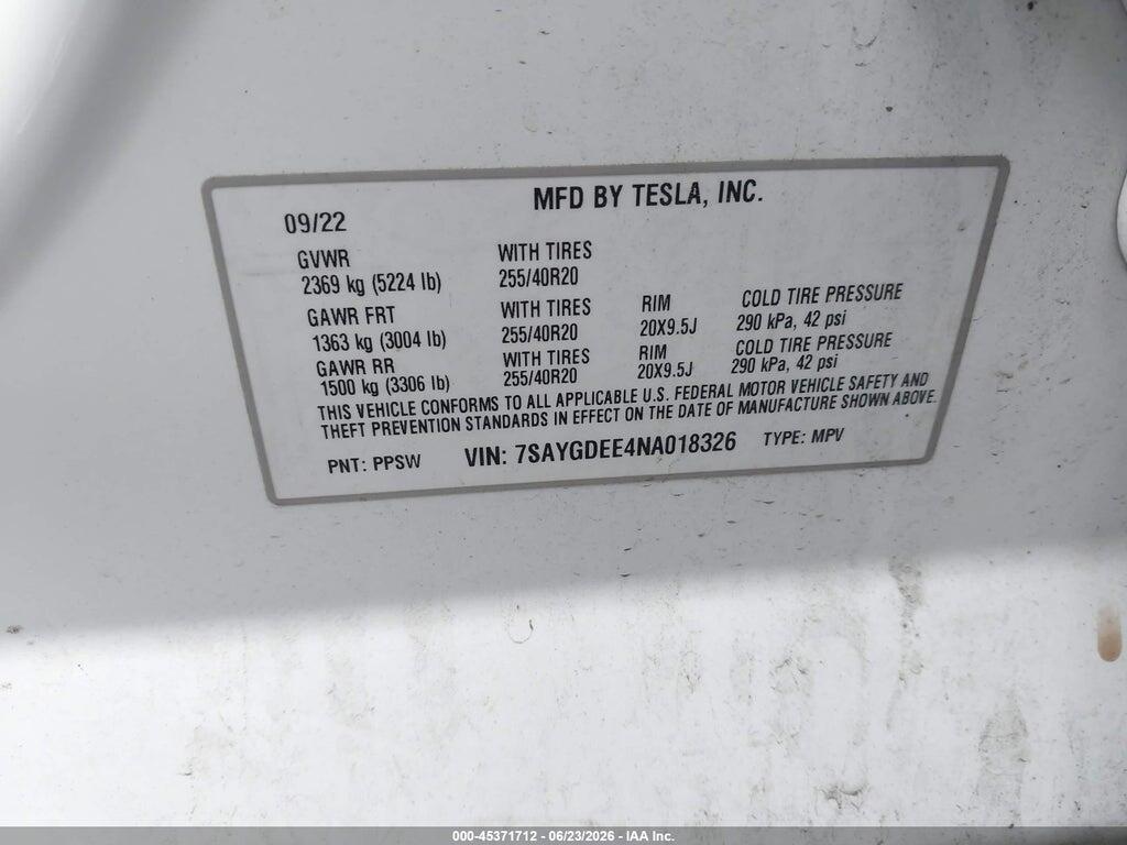 7SAYGDEE4NA018326 2022 TESLA MODEL Y photo no. 9