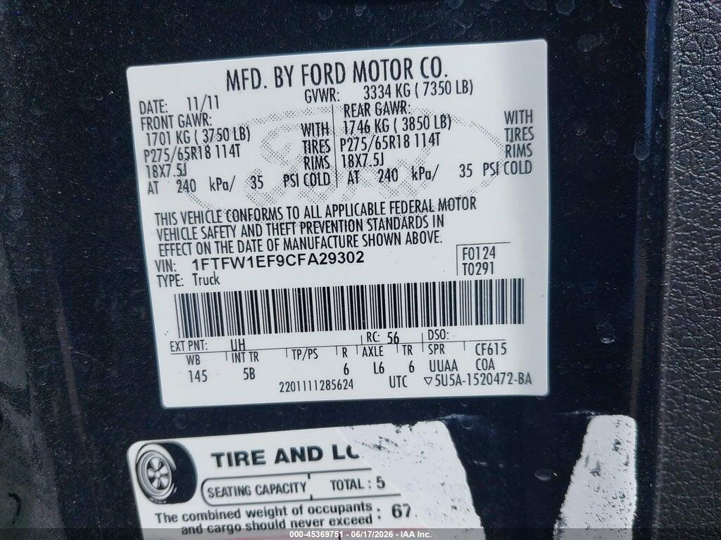 1FTFW1EF9CFA29302 2012 FORD F-150 photo no. 9