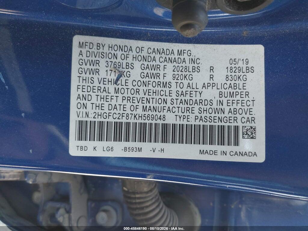 2HGFC2F87KH569048 2019 HONDA CIVIC photo no. 9