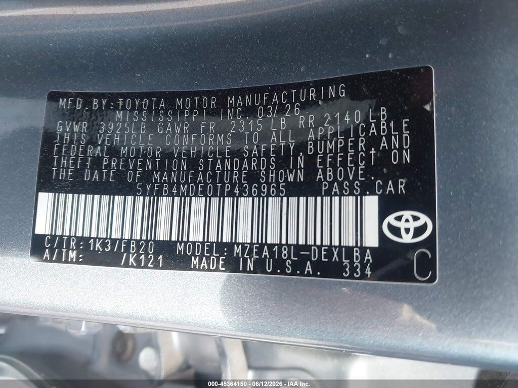 5YFB4MDE0TP436965 2026 TOYOTA COROLLA photo no. 9