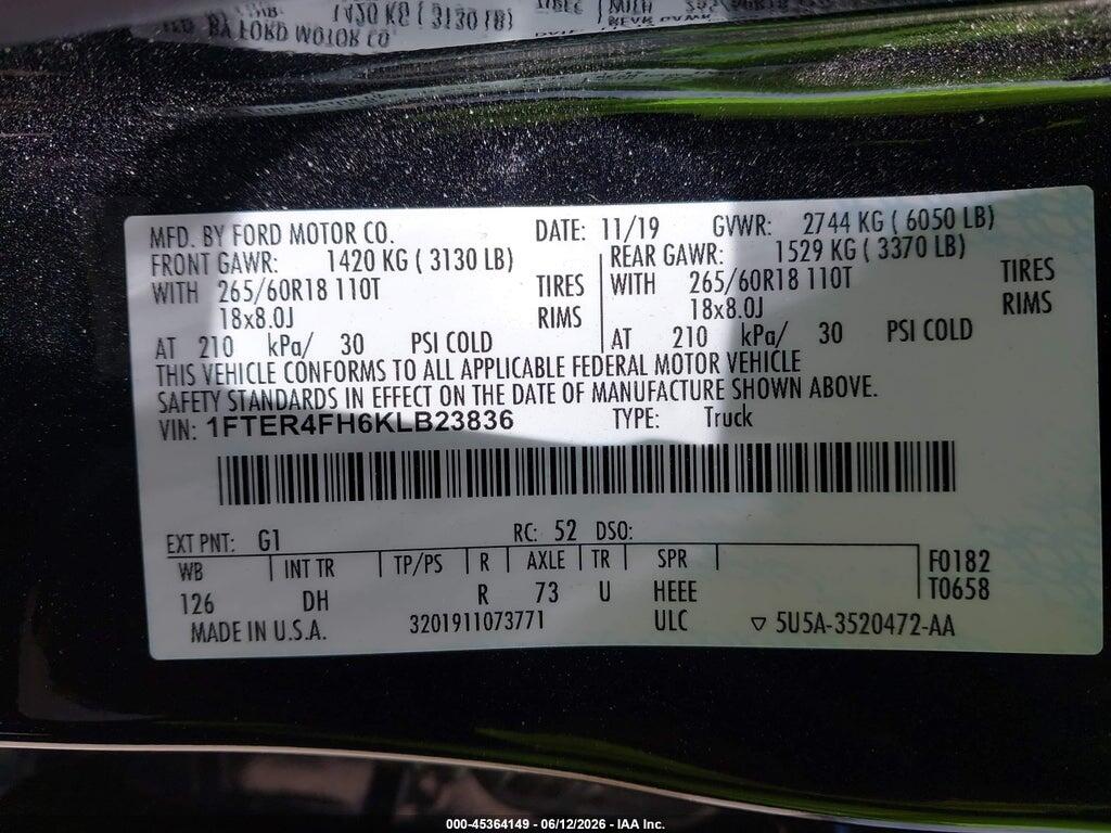 1FTER4FH6KLB23836 2019 FORD RANGER photo no. 9