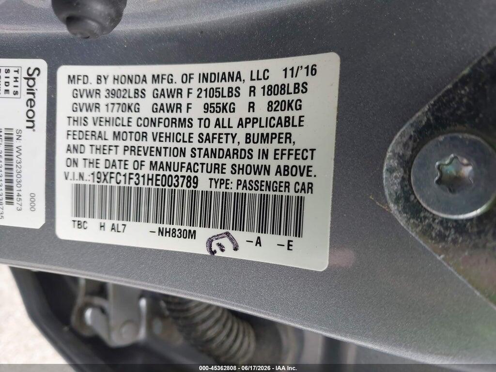 19XFC1F31HE003789 2017 HONDA CIVIC photo no. 9