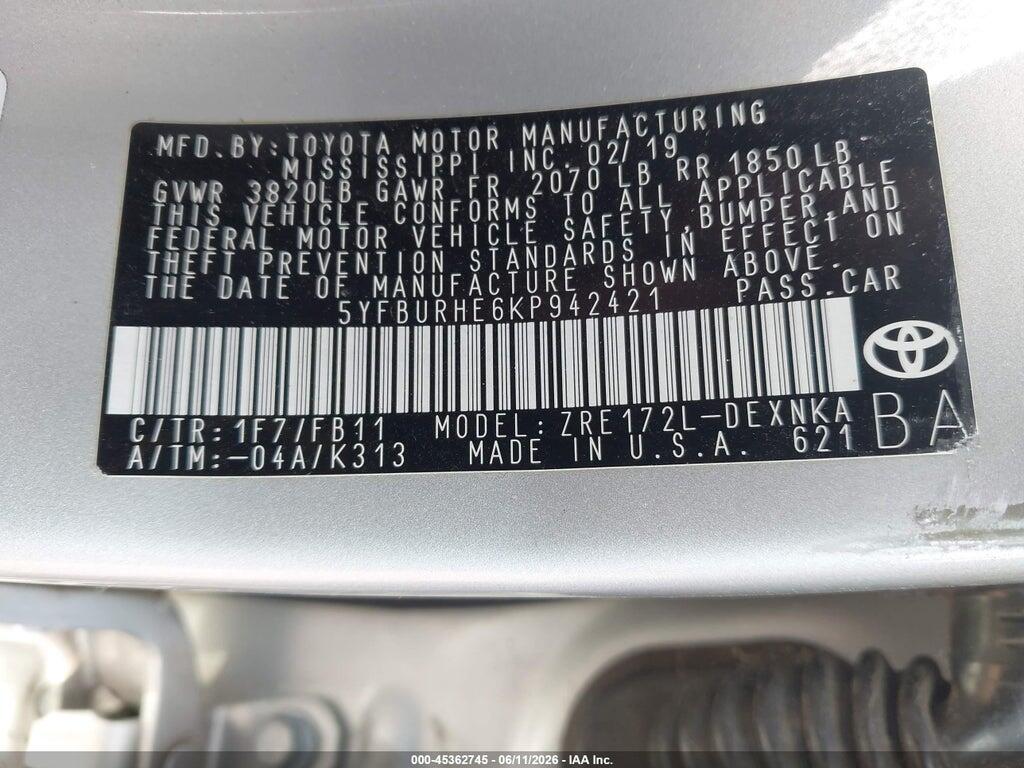 5YFBURHE6KP942421 2019 TOYOTA COROLLA photo no. 9