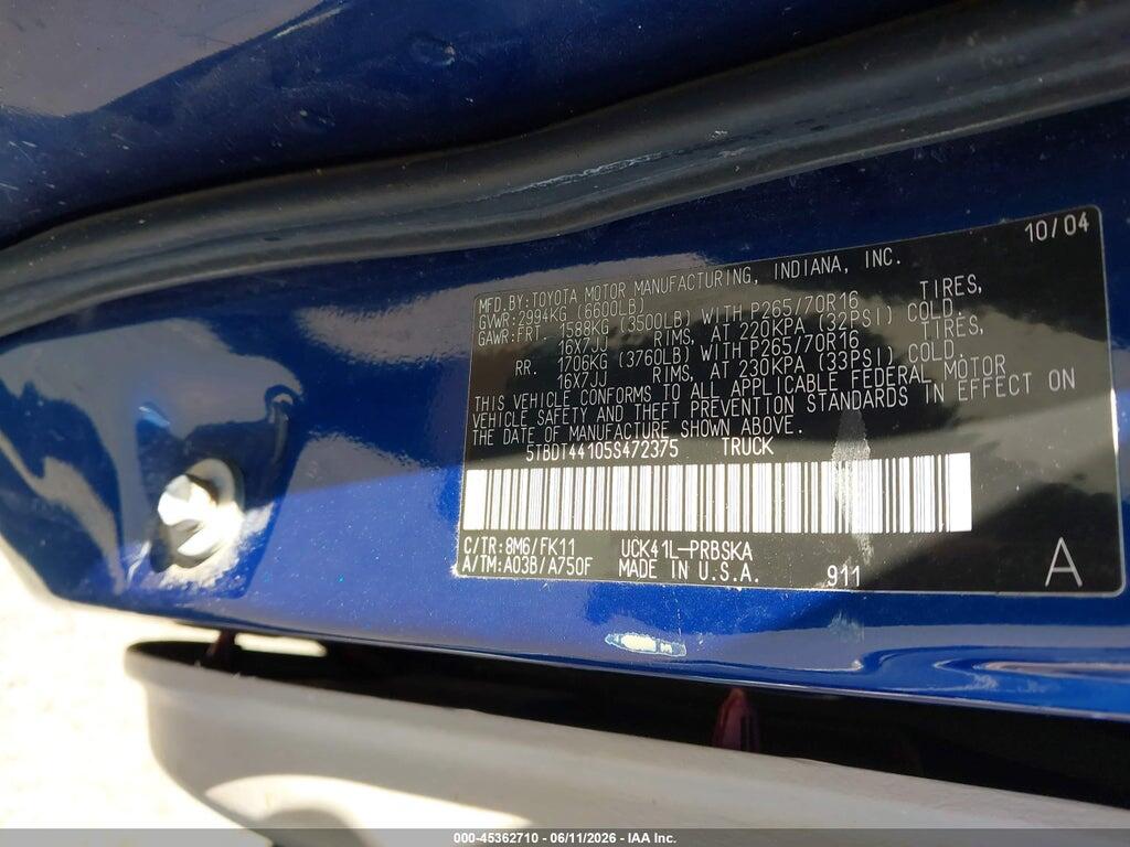 5TBDT44105S472375 2005 TOYOTA TUNDRA photo no. 9