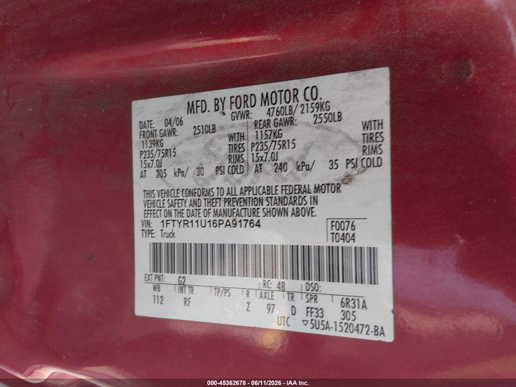 1FTYR11U16PA91764 2006 FORD RANGER photo no. 9