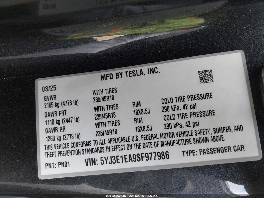 5YJ3E1EA9SF977986 2025 TESLA MODEL 3 photo no. 9