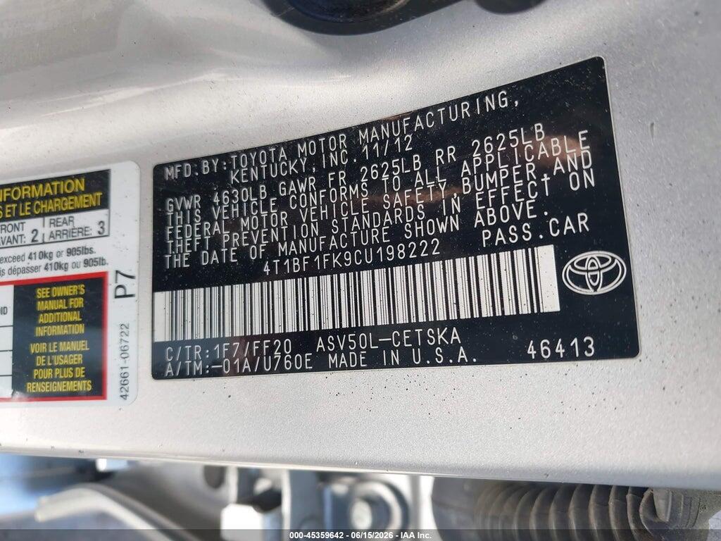 4T1BF1FK9CU198222 2012 TOYOTA CAMRY photo no. 9