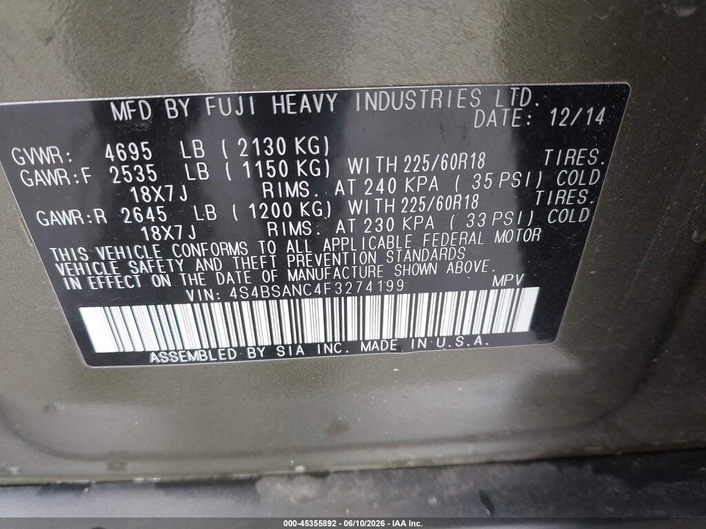 4S4BSANC4F3274199 2015 SUBARU OUTBACK photo no. 9