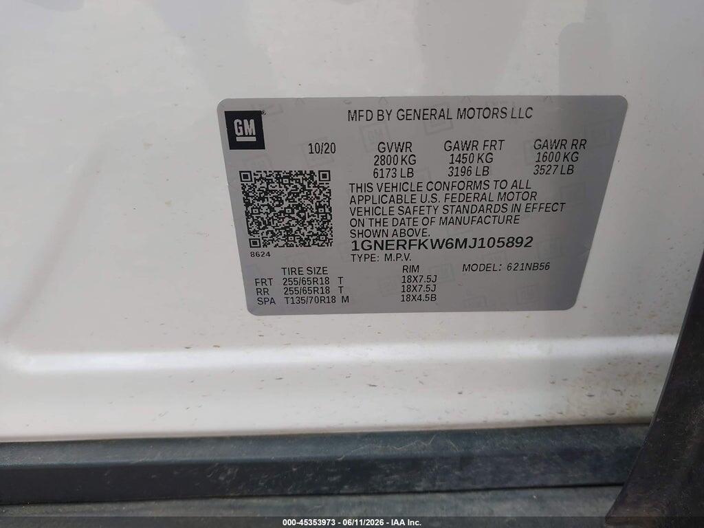 1GNERFKW6MJ105892 2021 CHEVROLET TRAVERSE photo no. 9