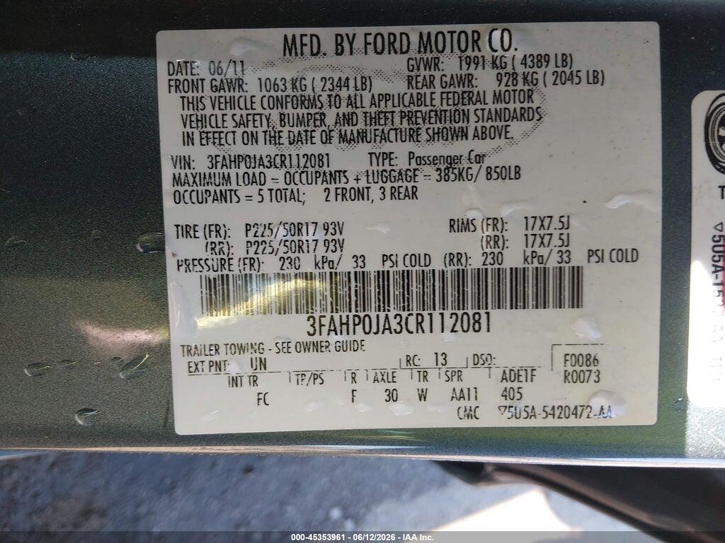 3FAHP0JA3CR112081 2012 FORD FUSION photo no. 9