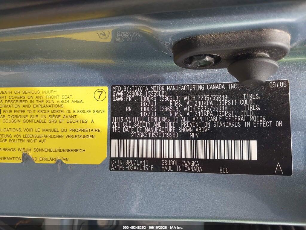 2T2GK31U57C019960 2007 LEXUS RX 350 photo no. 9