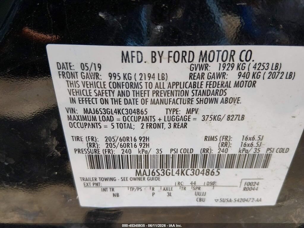 MAJ6S3GL4KC304865 2019 FORD ECOSPORT photo no. 9
