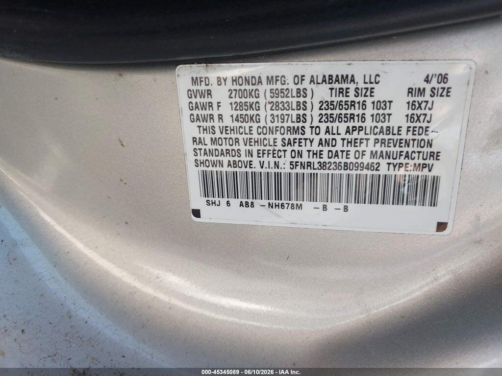 5FNRL38236B099462 2006 HONDA ODYSSEY photo no. 9