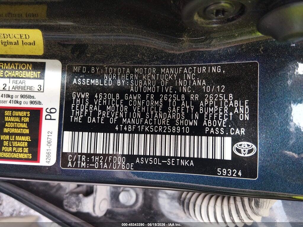 4T4BF1FK5CR258910 2012 TOYOTA CAMRY photo no. 9