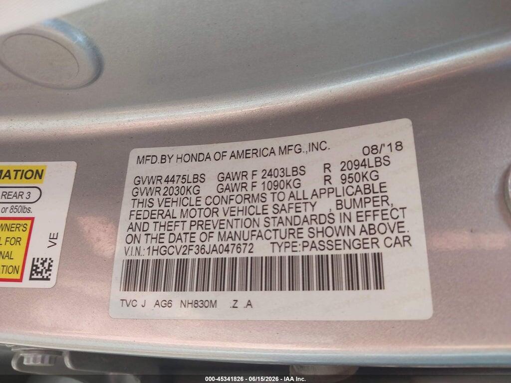1HGCV2F36JA047672 2018 HONDA ACCORD photo no. 9