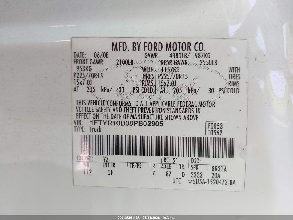 1FTYR10D08PB02905 2008 FORD RANGER photo no. 9