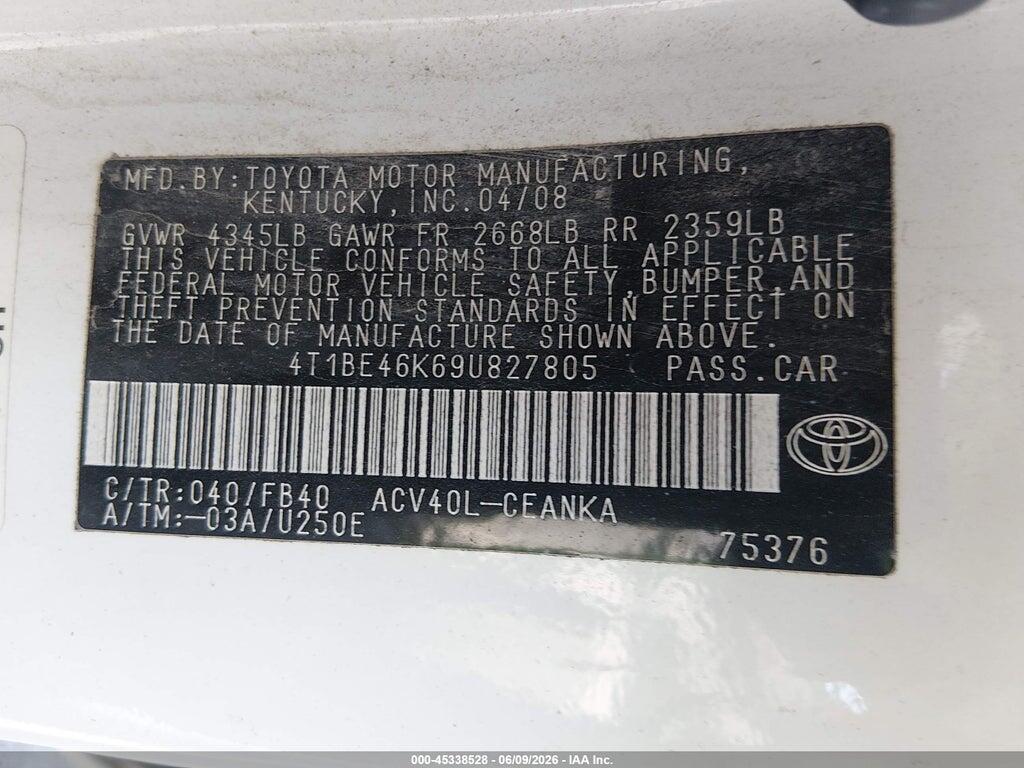 4T1BE46K69U827805 2009 TOYOTA CAMRY photo no. 9