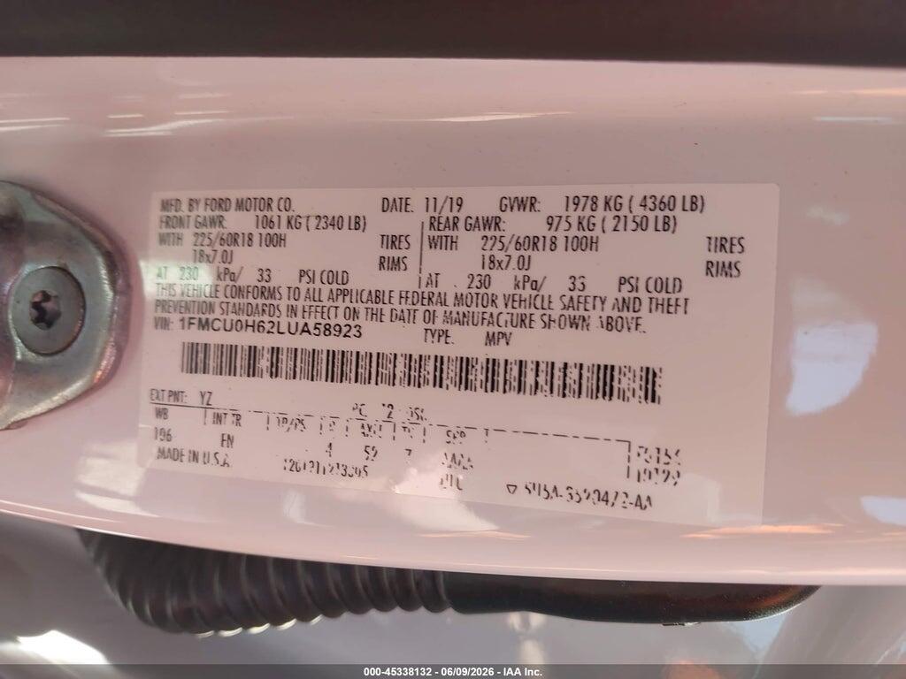 1FMCU0H62LUA58923 2020 FORD ESCAPE photo no. 9