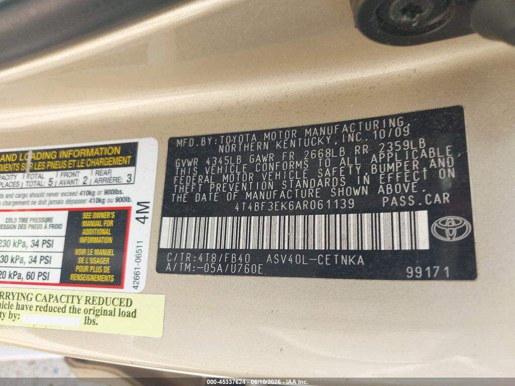 4T4BF3EK6AR061139 2010 TOYOTA CAMRY photo no. 9