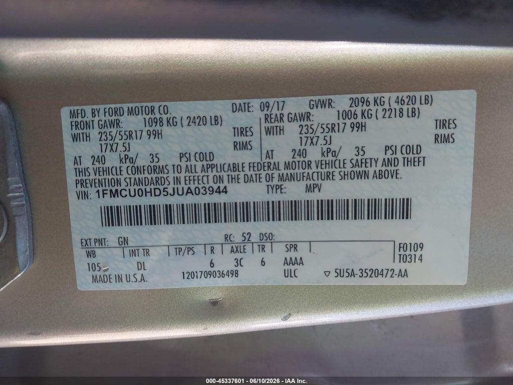 1FMCU0HD5JUA03944 2018 FORD ESCAPE photo no. 9