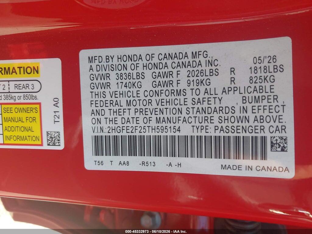 2HGFE2F25TH595154 2026 HONDA CIVIC photo no. 9