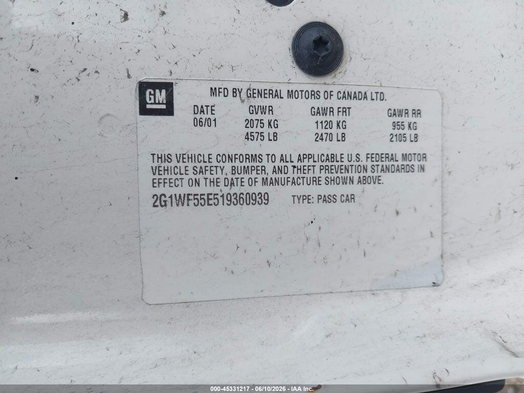 2G1WF55E519360939 2001 CHEVROLET IMPALA photo no. 9