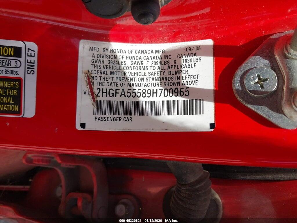 2HGFA55589H700965 2009 HONDA CIVIC photo no. 9
