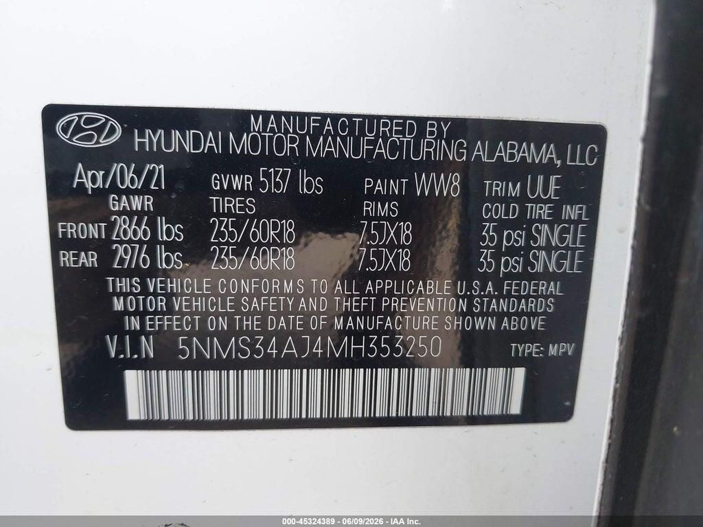 5NMS34AJ4MH353250 2021 HYUNDAI SANTA FE photo no. 9