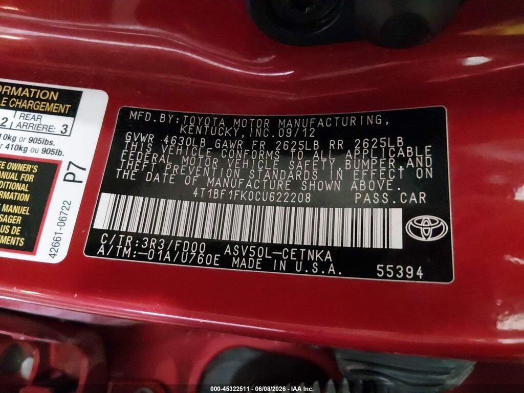 4T1BF1FK0CU622208 2012 TOYOTA CAMRY photo no. 9