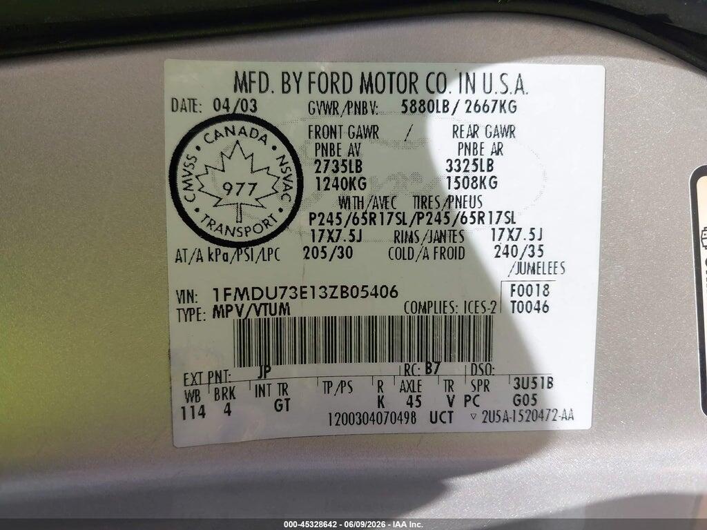 1FMDU73E13ZB05406 2003 FORD EXPLORER photo no. 9