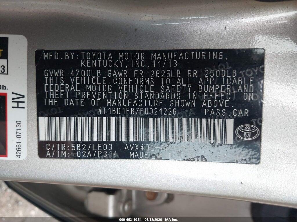 4T1BD1EB7EU021226 2014 TOYOTA AVALON HYBRID photo no. 9