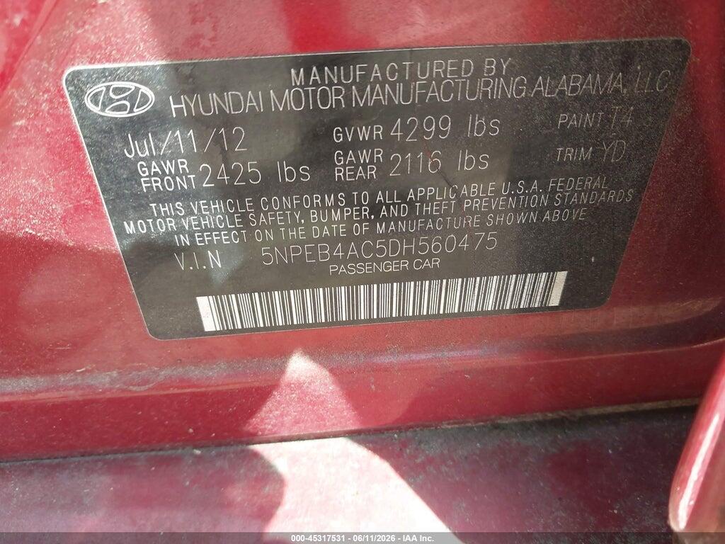 5NPEB4AC5DH560475 2013 HYUNDAI SONATA photo no. 9