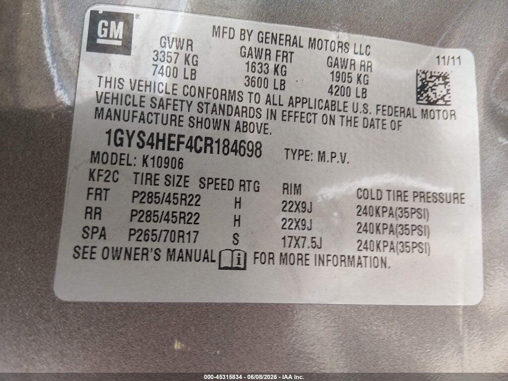 1GYS4HEF4CR184698 2012 CADILLAC ESCALADE ESV photo no. 9