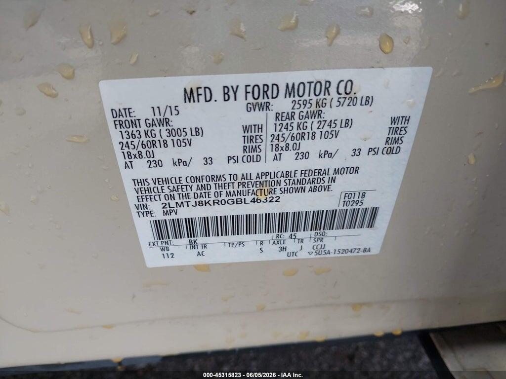 2LMTJ8KR0GBL46322 2016 LINCOLN MKX photo no. 9