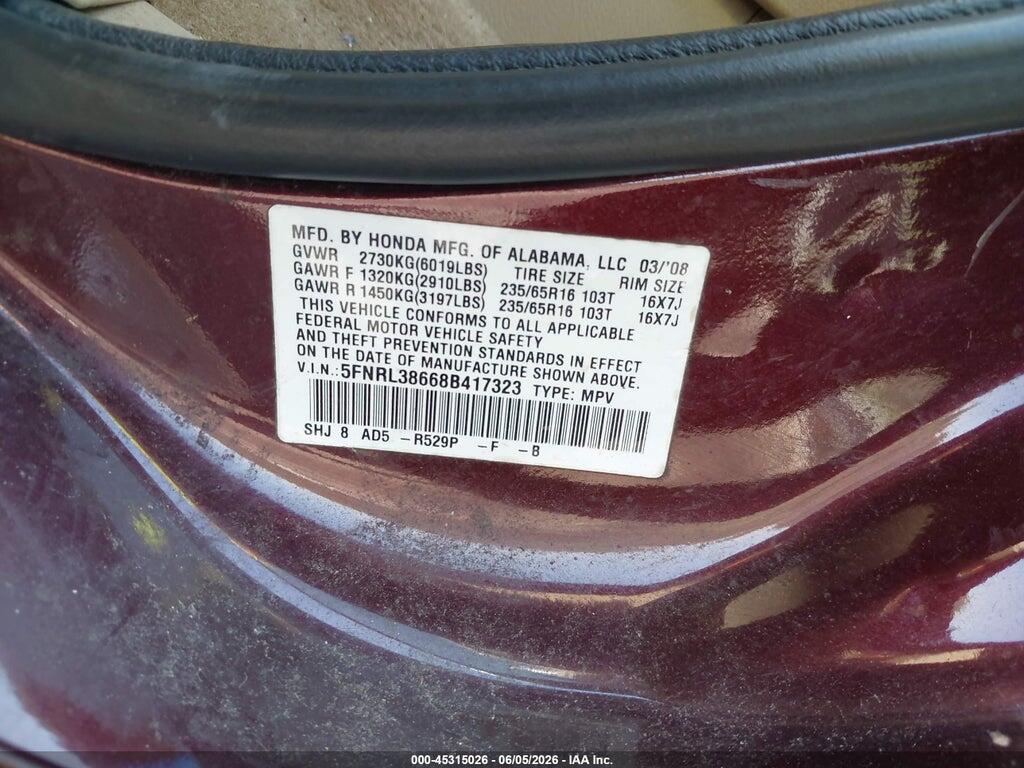 5FNRL38668B417323 2008 HONDA ODYSSEY photo no. 9