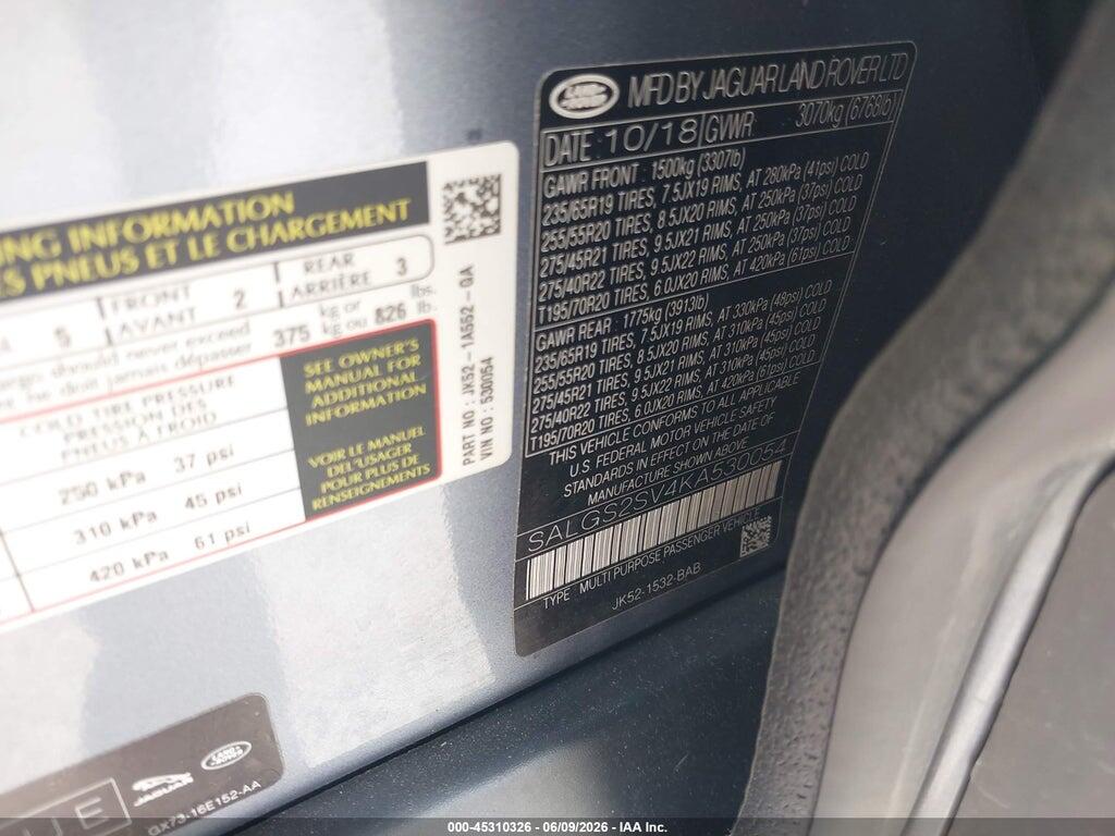 SALGS2SV4KA530054 2019 LAND ROVER RANGE ROVER photo no. 9
