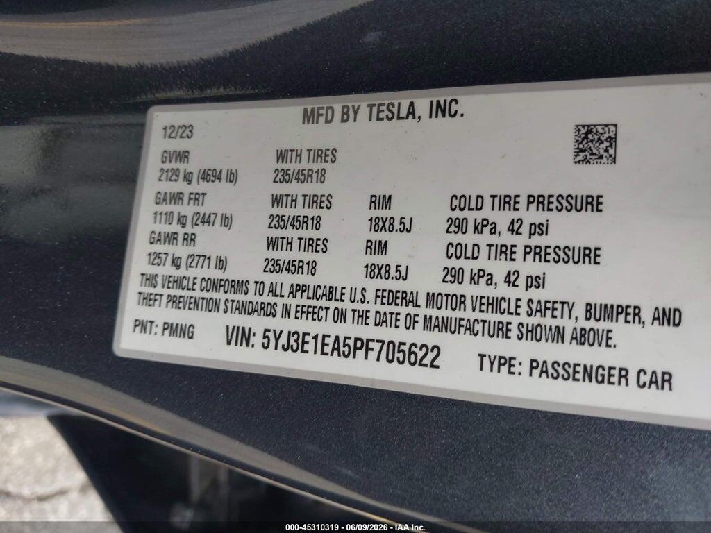 5YJ3E1EA5PF705622 2023 TESLA MODEL 3 photo no. 9