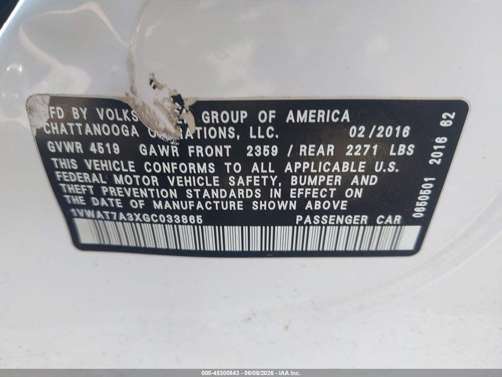 1VWAT7A3XGC033865 2016 VOLKSWAGEN PASSAT photo no. 9