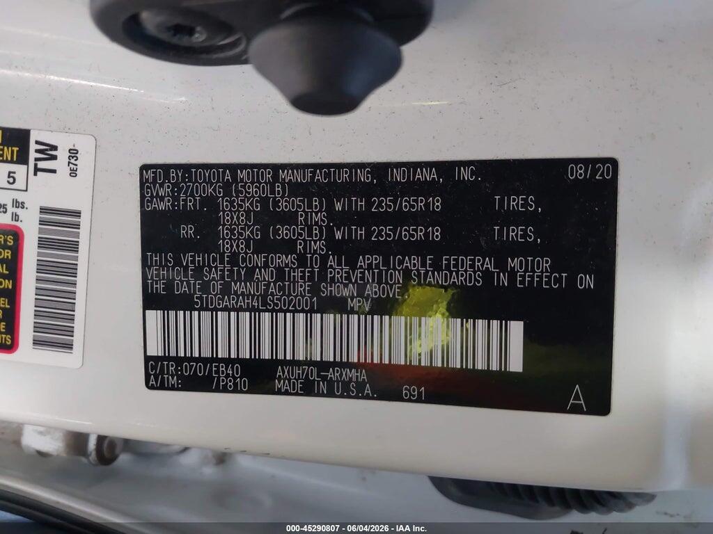5TDGARAH4LS502001 2020 TOYOTA HIGHLANDER photo no. 9