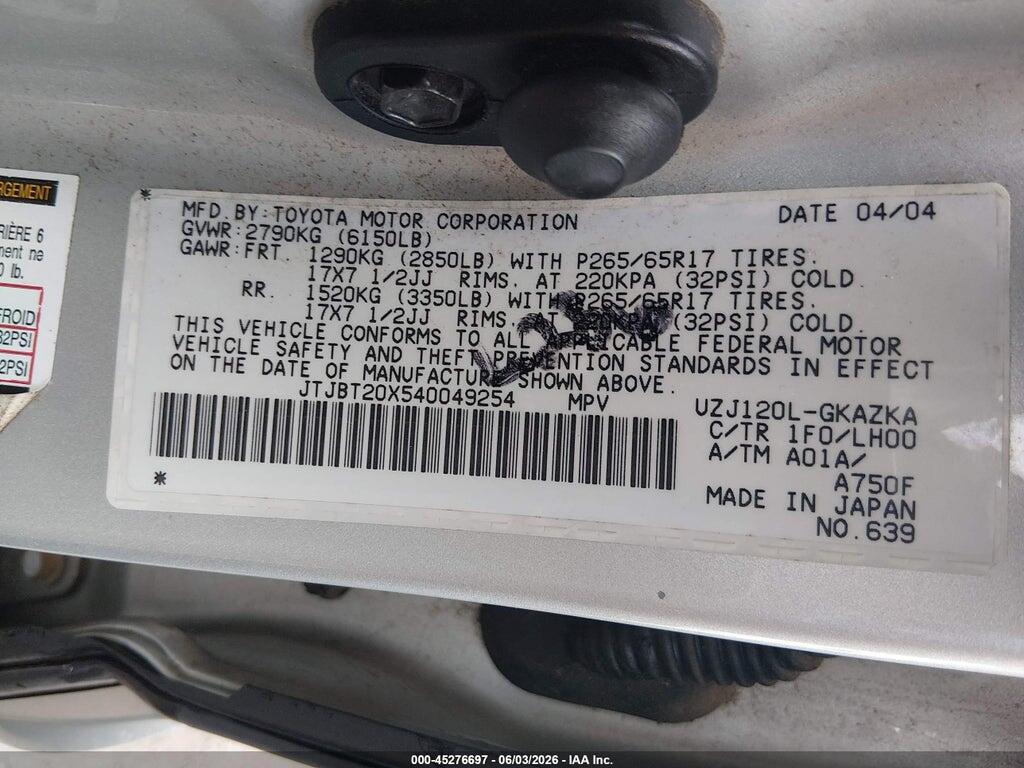 JTJBT20X540049254 2004 LEXUS GX 470 photo no. 9