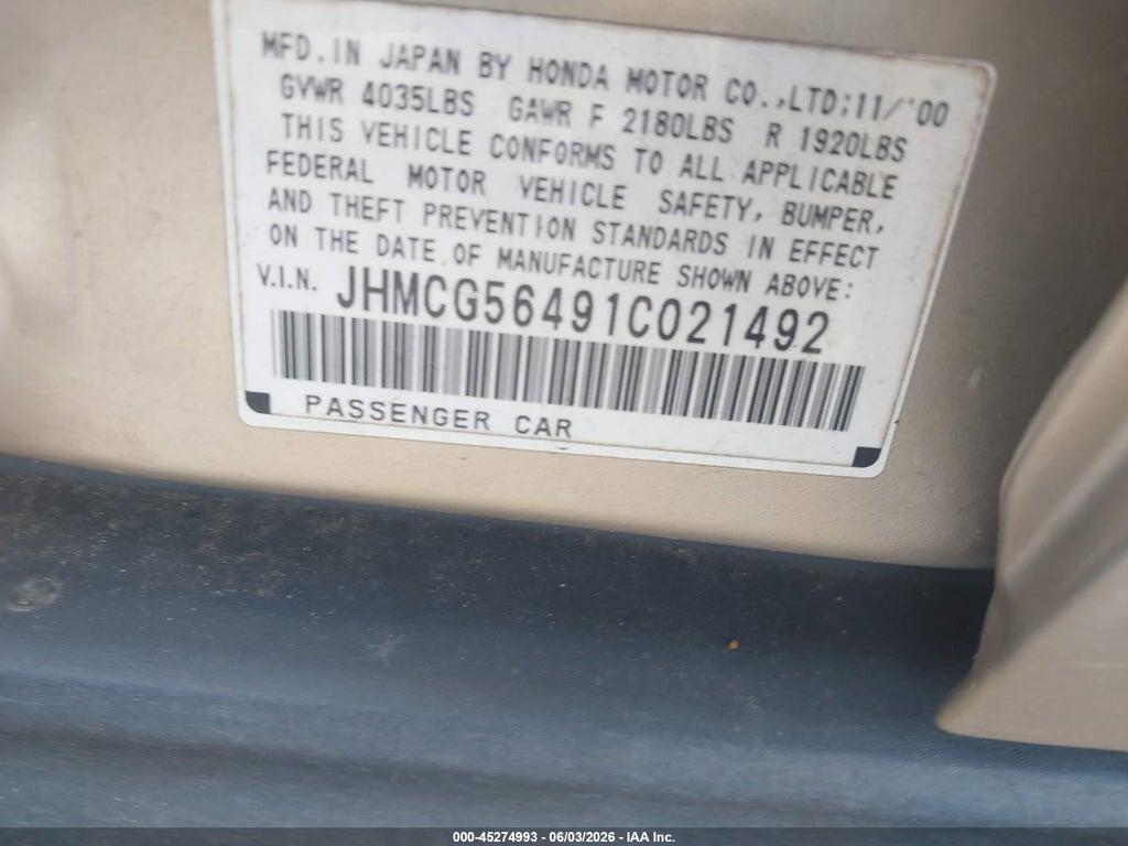 JHMCG56491C021492 2001 HONDA ACCORD photo no. 9