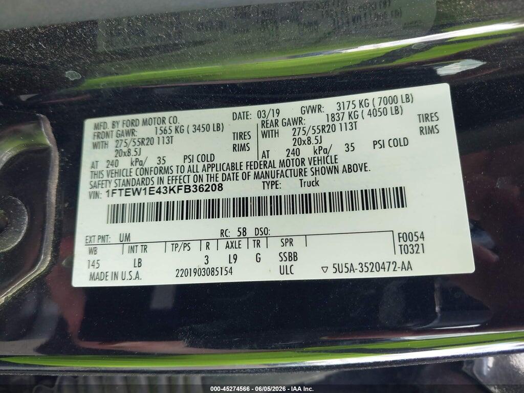 1FTEW1E43KFB36208 2019 FORD F-150 photo no. 9