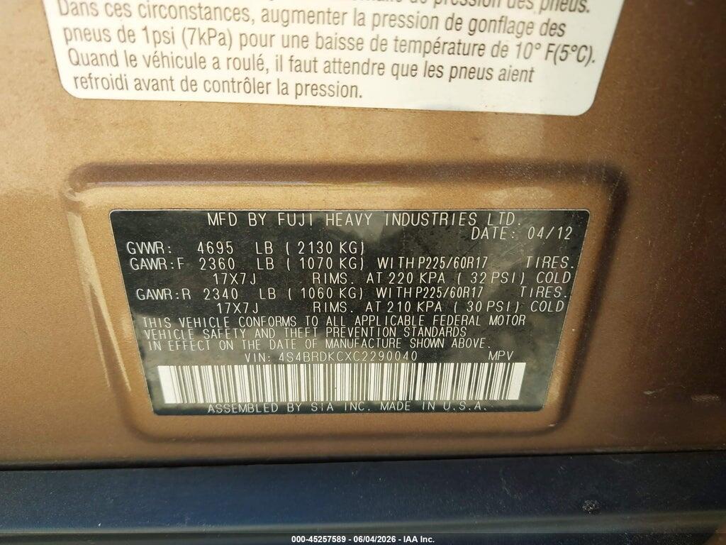 4S4BRDKCXC2290040 2012 SUBARU OUTBACK photo no. 9