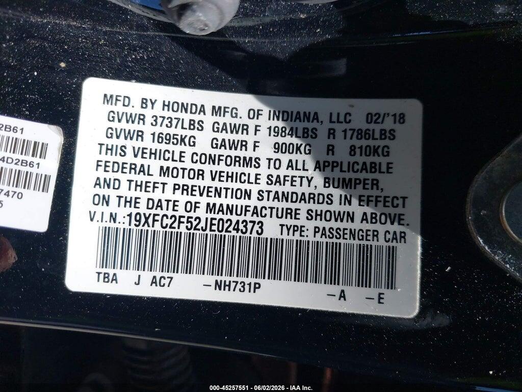 19XFC2F52JE024373 2018 HONDA CIVIC photo no. 9