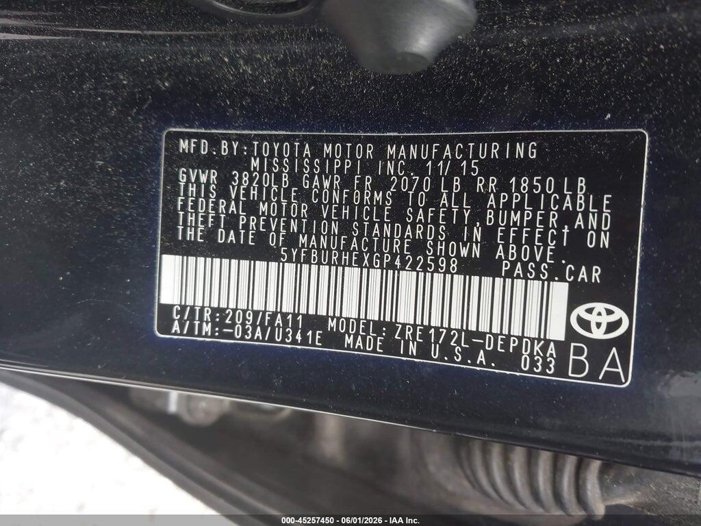 5YFBURHEXGP422598 2016 TOYOTA COROLLA photo no. 9