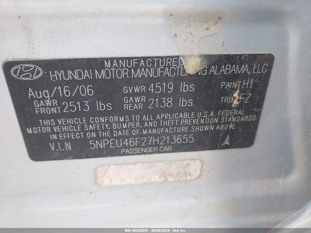 5NPEU46F27H213655 2007 HYUNDAI SONATA photo no. 9