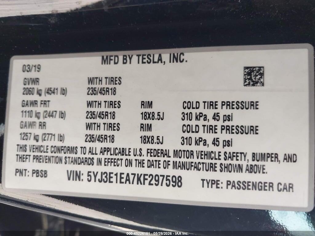 5YJ3E1EA7KF297598 2019 TESLA MODEL 3 photo no. 9