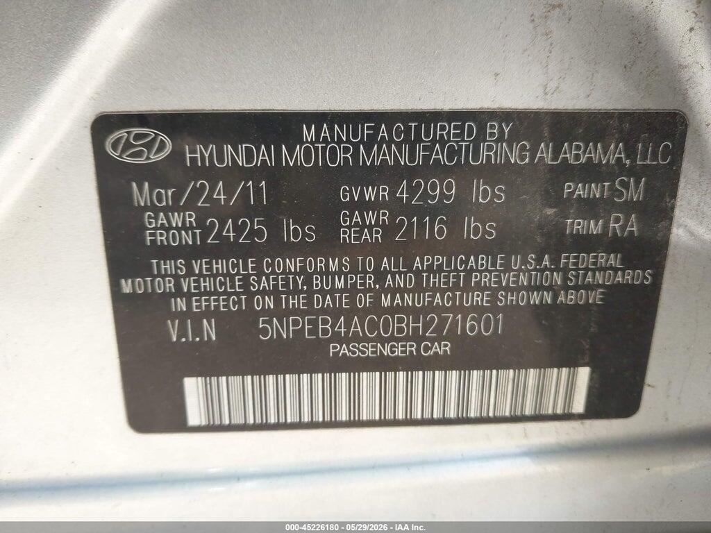 5NPEB4AC0BH271601 2011 HYUNDAI SONATA photo no. 9