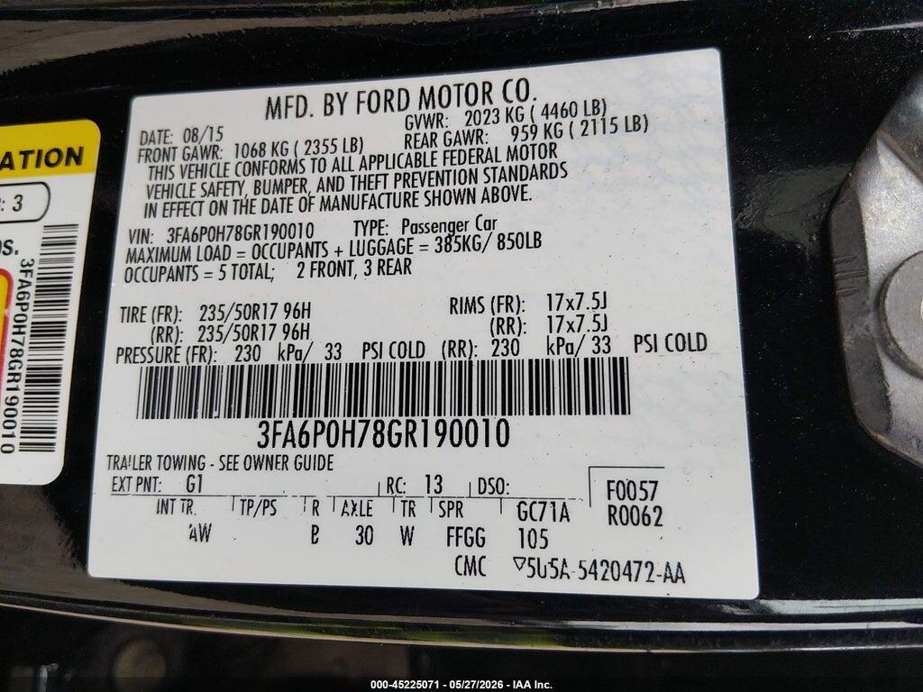 3FA6P0H78GR190010 2016 FORD FUSION photo no. 9